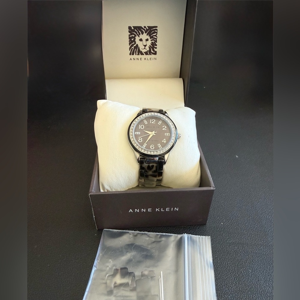Anne Klein Black Tortoise Resin Bracelet Watch with Crystal Bezel